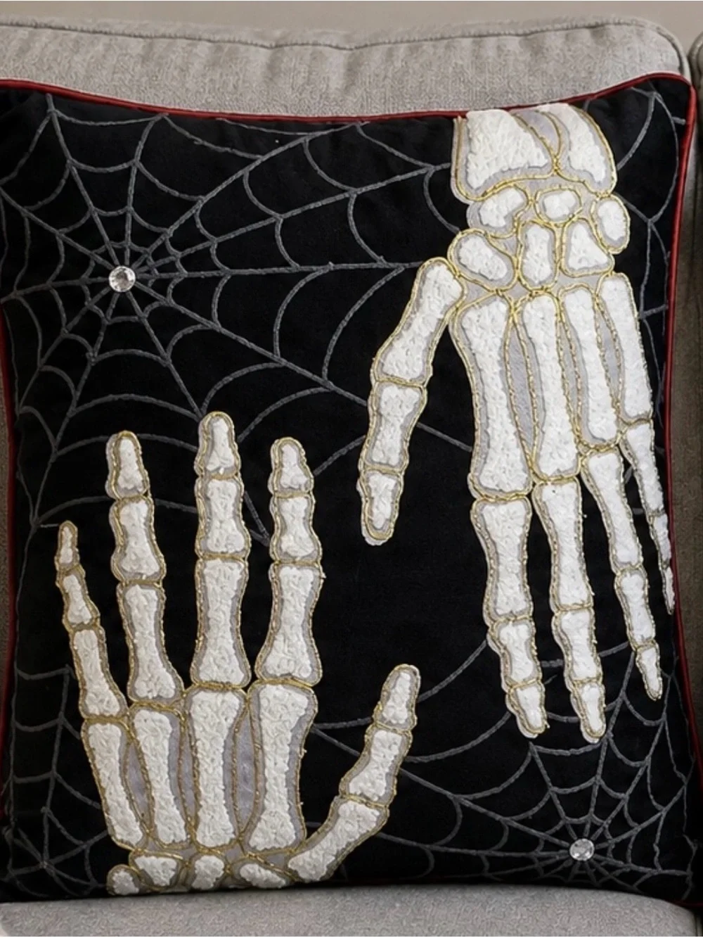 Set of 2 Black Halloween Skeleton Hand Decorative Pillow Set with Gold Accents